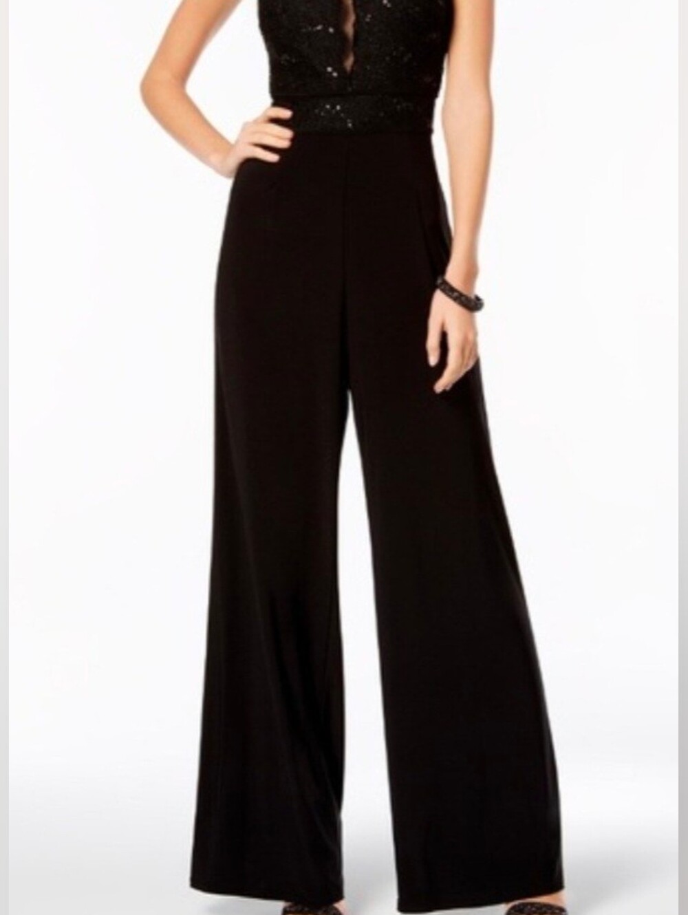 Night Way Collections Black Lace Glitter Halter Top &Wide-Leg Pants Jumpsuit S:4
